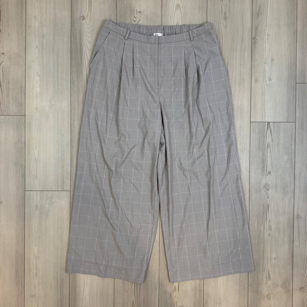 Nordstrom Rack Grey Windowpane Plaid Wide Leg Pleated Cropped Pants XL